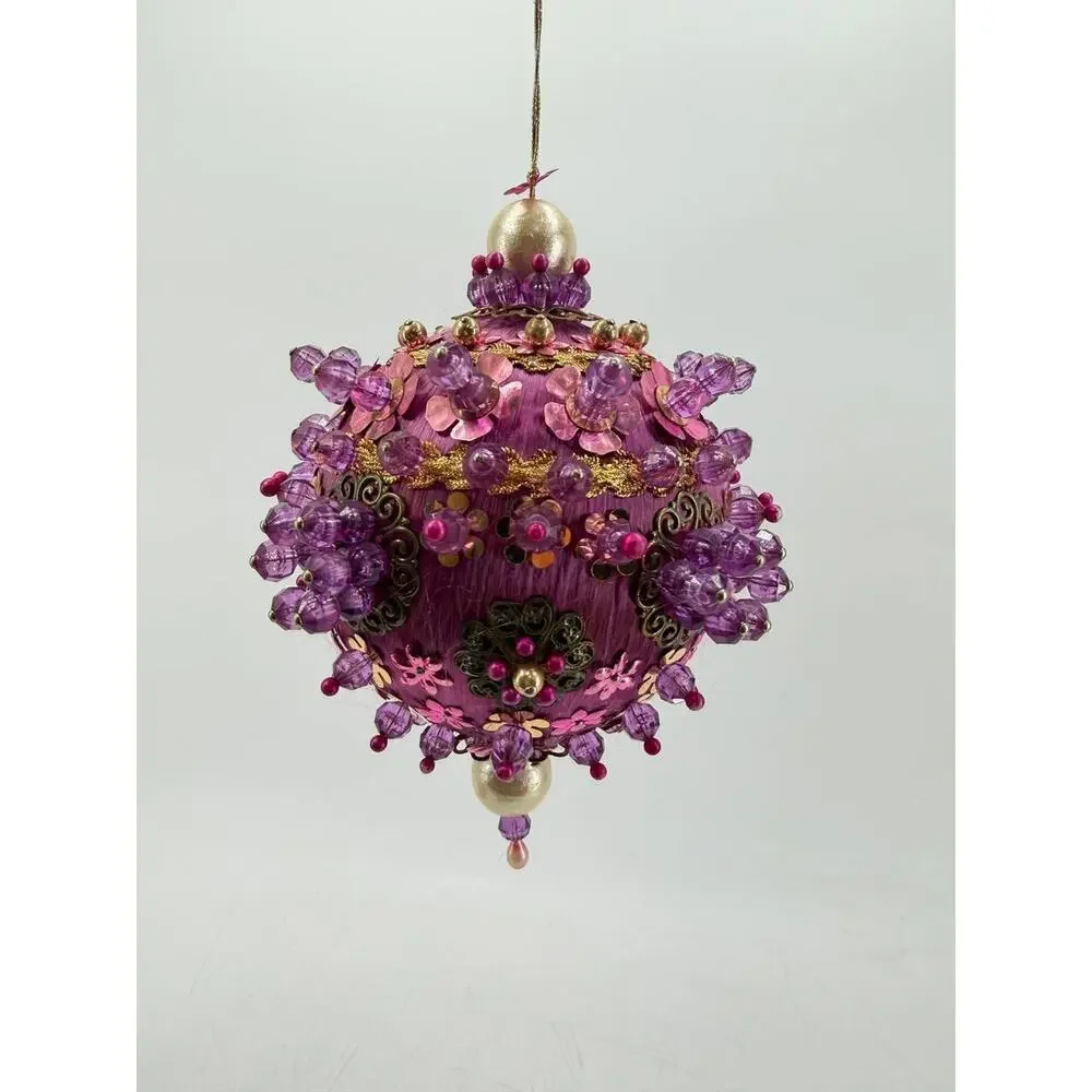 Vintage Handmade Beaded Christmas Ornament Pink Gold Sequin Ball OOAK Decor